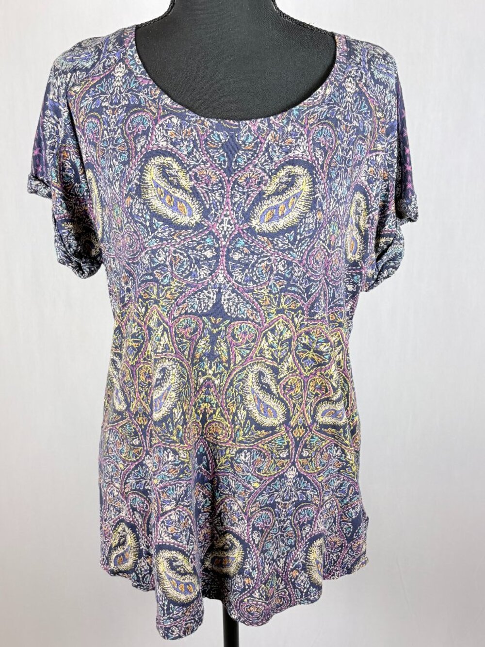 Lucky Brand | Paisley Dolman Sleeve Top | L | Navy Blue Boho Tunic Shirt